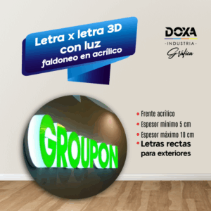 Letra x letra 3D con luz faldoneo en acrilico