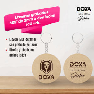Llaveros grabados a MDF 3mm a dos lados 100uds.
